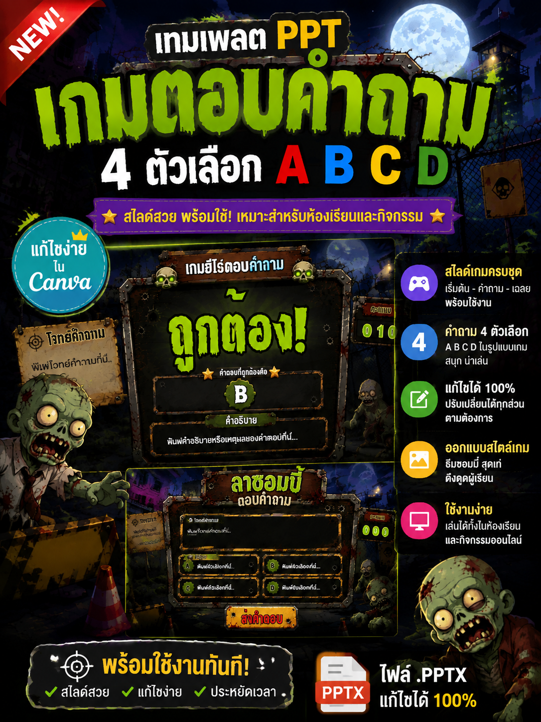 [PPT] เกมตอบคำถาม PPT ธีมซอมบี้ 4 ตัวเลือก A B C D แก้ไขใน Canva