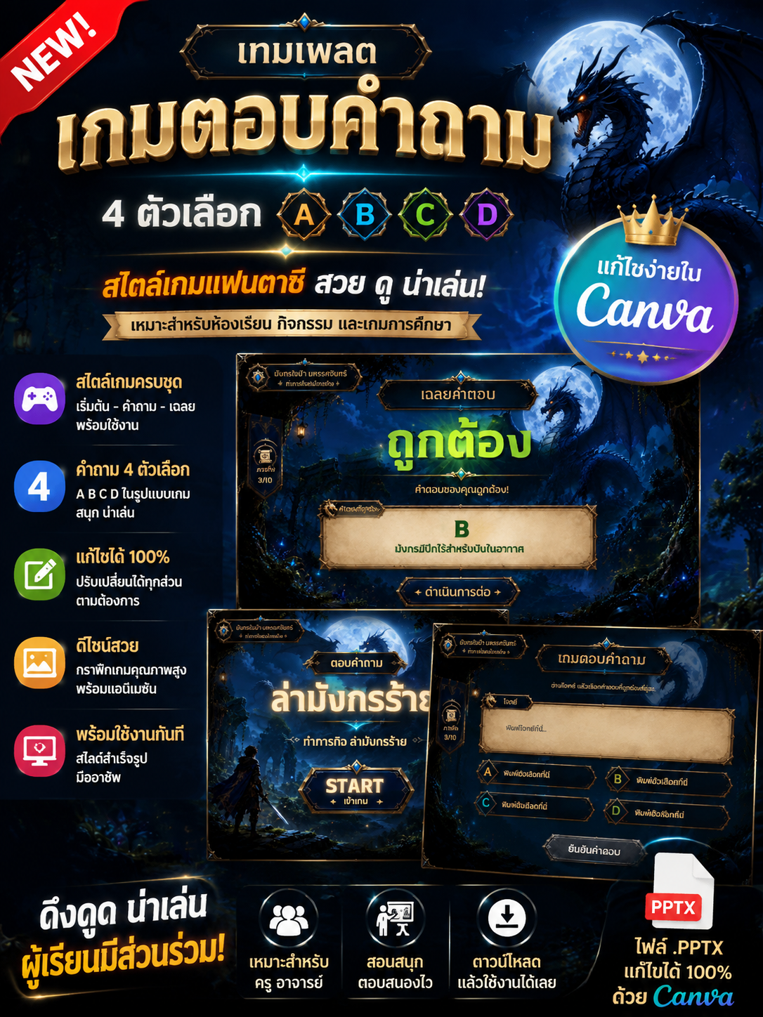 [PPT] เกมตอบคำถาม PPT แฟนตาซี 4 ตัวเลือก ABCD | แก้ไขใน Canva