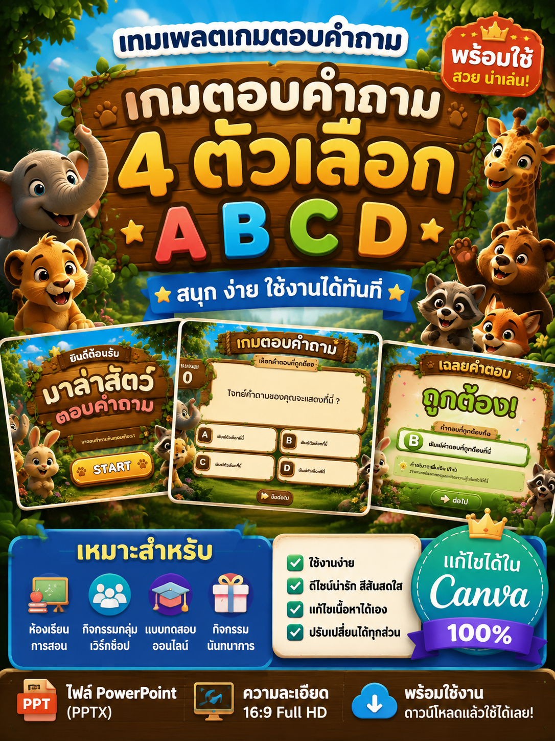 [PPT] เกมตอบคำถาม PPT ธีมป่าซาฟารี 4 ตัวเลือก ABCD | แก้ไขใน Canva
