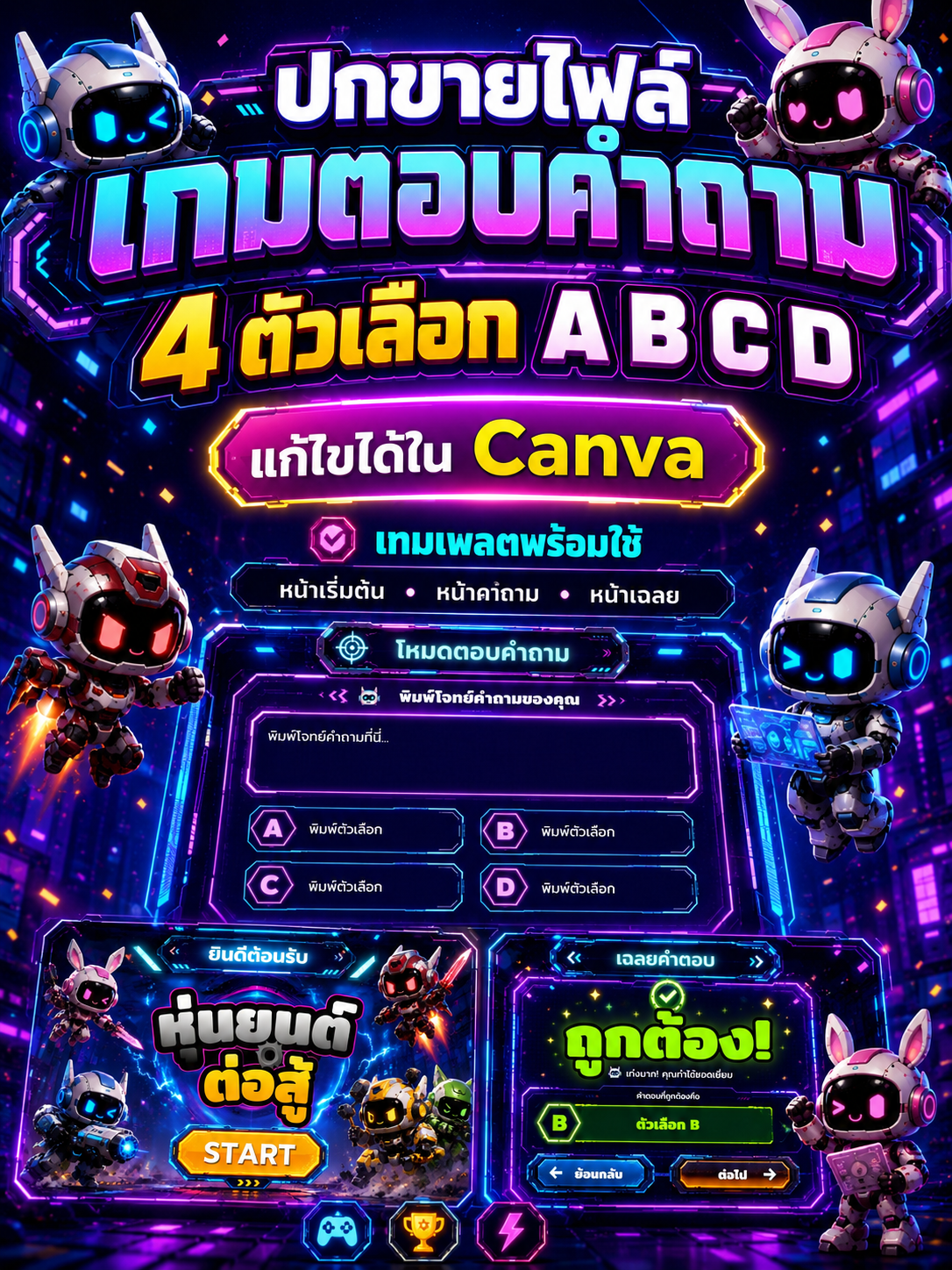 [PPT] เกมตอบคำถาม PPT ธีมหุ่นยนต์ Cyber Robot 4 ตัวเลือก ABCD | แก้ไขใน Canva