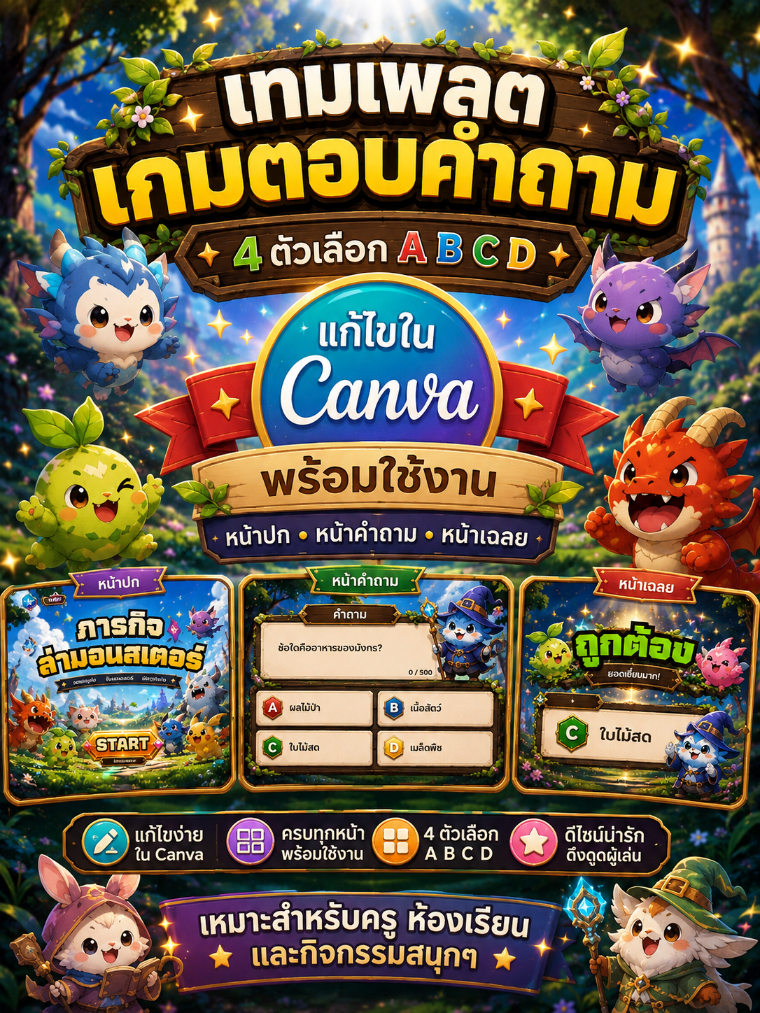 [PPT] เกมตอบคำถาม PPT ธีมแฟนตาซีมอนสเตอร์ 4 ตัวเลือก ABCD | แก้ไขใน Canva