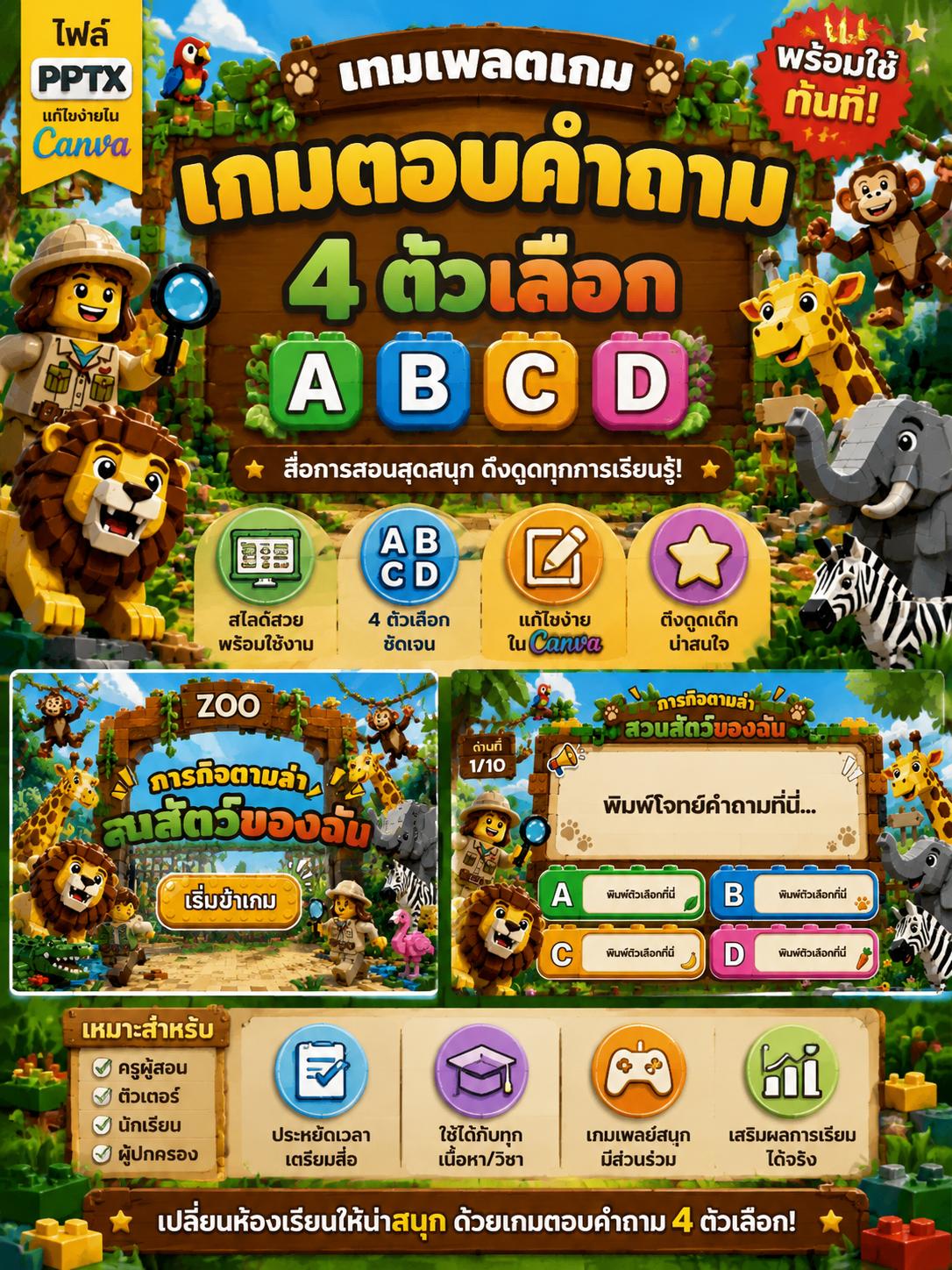 [PPT] เกมตอบคำถาม PPT ธีมสวนสัตว์ Safari 4 ตัวเลือก ABCD | แก้ไขใน Canva ได้