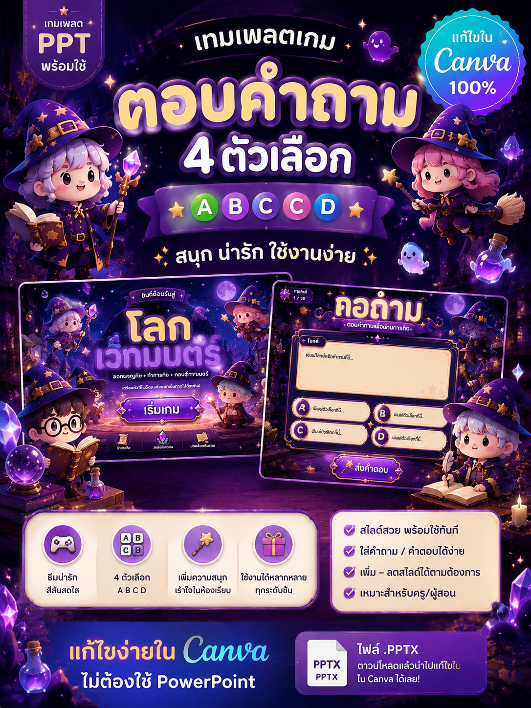 [PPT] เกมตอบคำถาม 4 ตัวเลือก Canva แก้ไขได้ | เทมเพลตเกมการศึกษา PPT พร้อมใช้