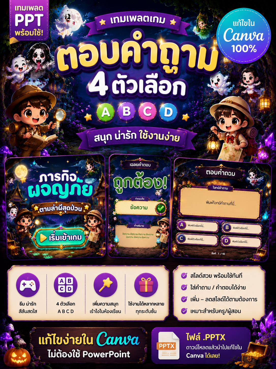 [PPT] เทมเพลตเกมตอบคำถามธีมผี 4 ตัวเลือก Canva | ไฟล์ PPT พร้อมใช้ สื่อการสอนสนุกทุกวิชา