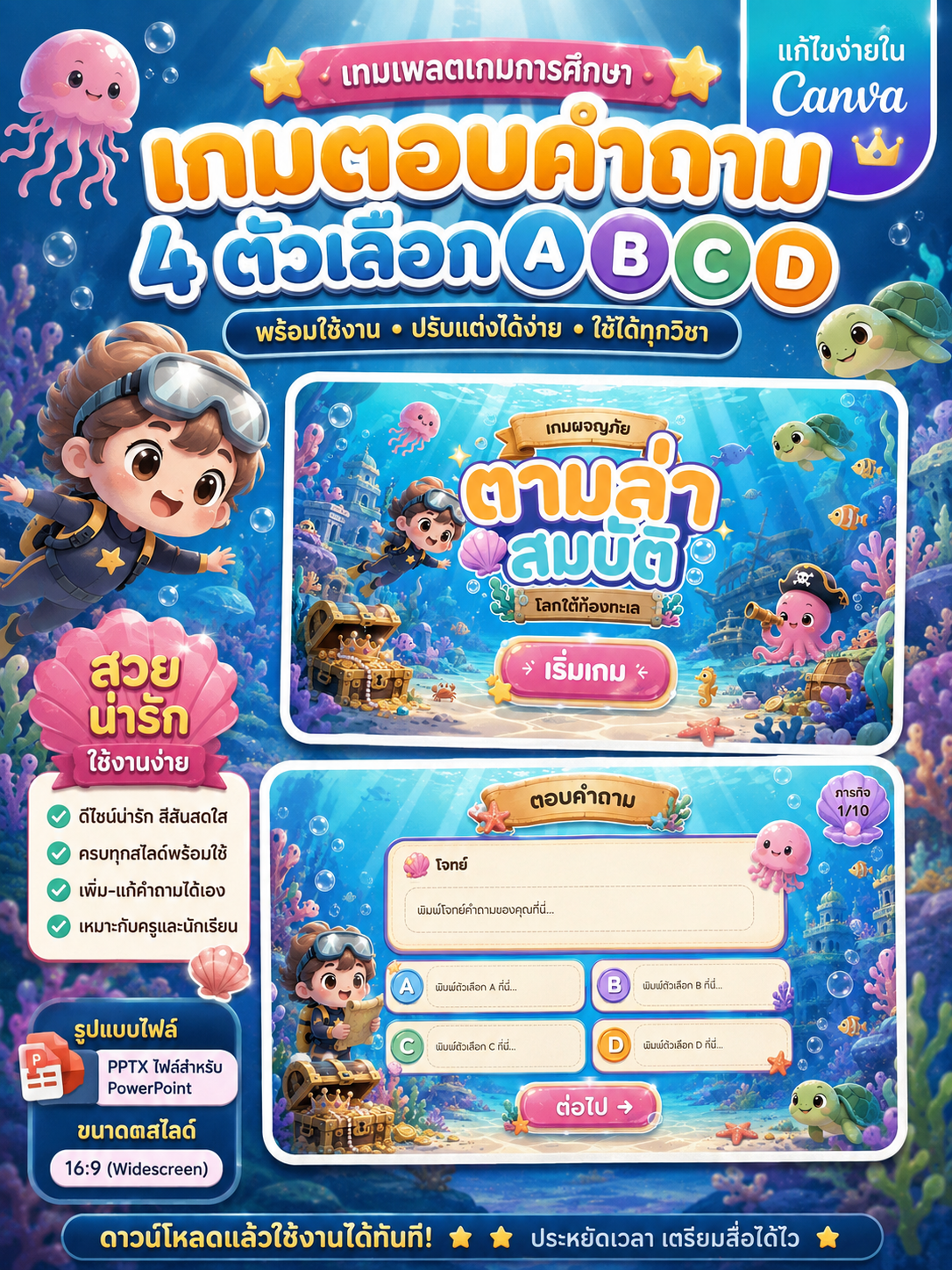 [PPT] เกมตอบคำถาม 4 ตัวเลือก A B C D | ธีมใต้ทะเลน่ารัก แก้ไขใน Canva