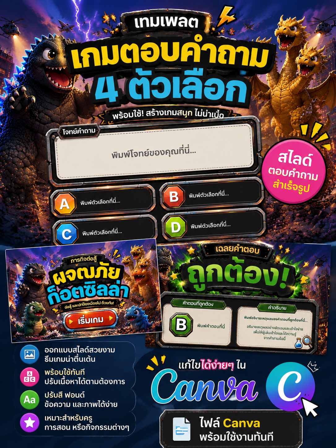 [PPT] เทมเพลตเกมตอบคำถาม-ธีมก็อตซิลล่า-Godzilla-Quiz-Canva-สำหรับครู