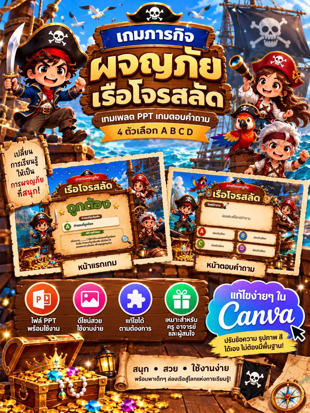 [PPT] เกมตอบคำถาม PowerPoint โจรสลัด 4 ตัวเลือก | สื่อการสอน Canva แก้ไขได้